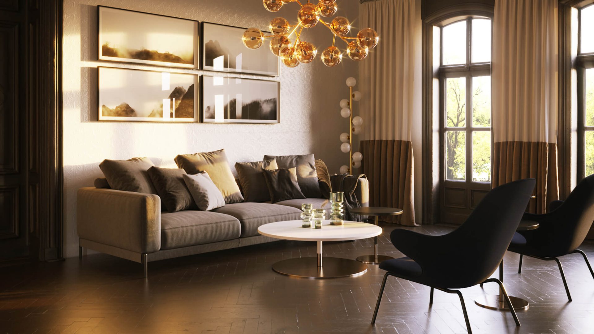 Photorealistic interior rendering — sunset warm lighting CGI
