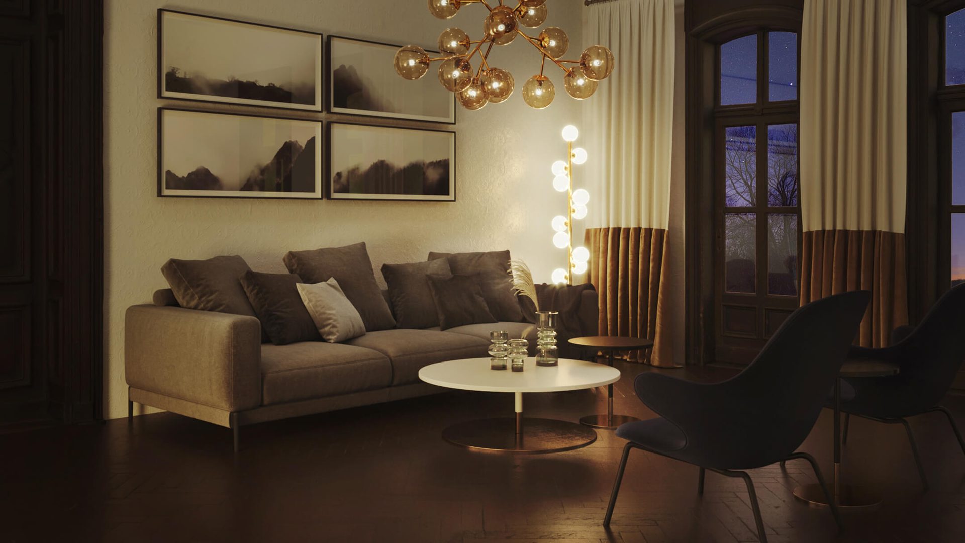 Interior rendering — nighttime artificial lighting CGI example