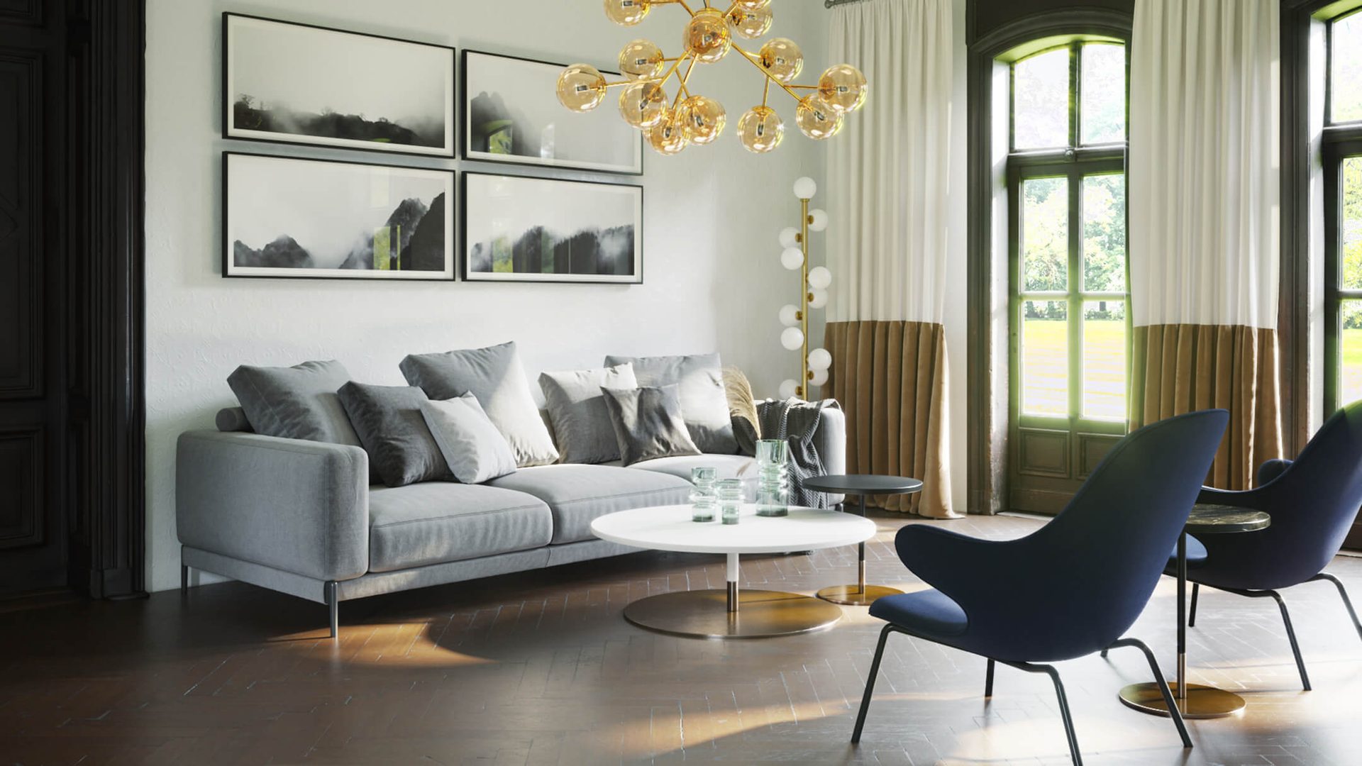 Photorealistic interior rendering — sunny day natural light CGI