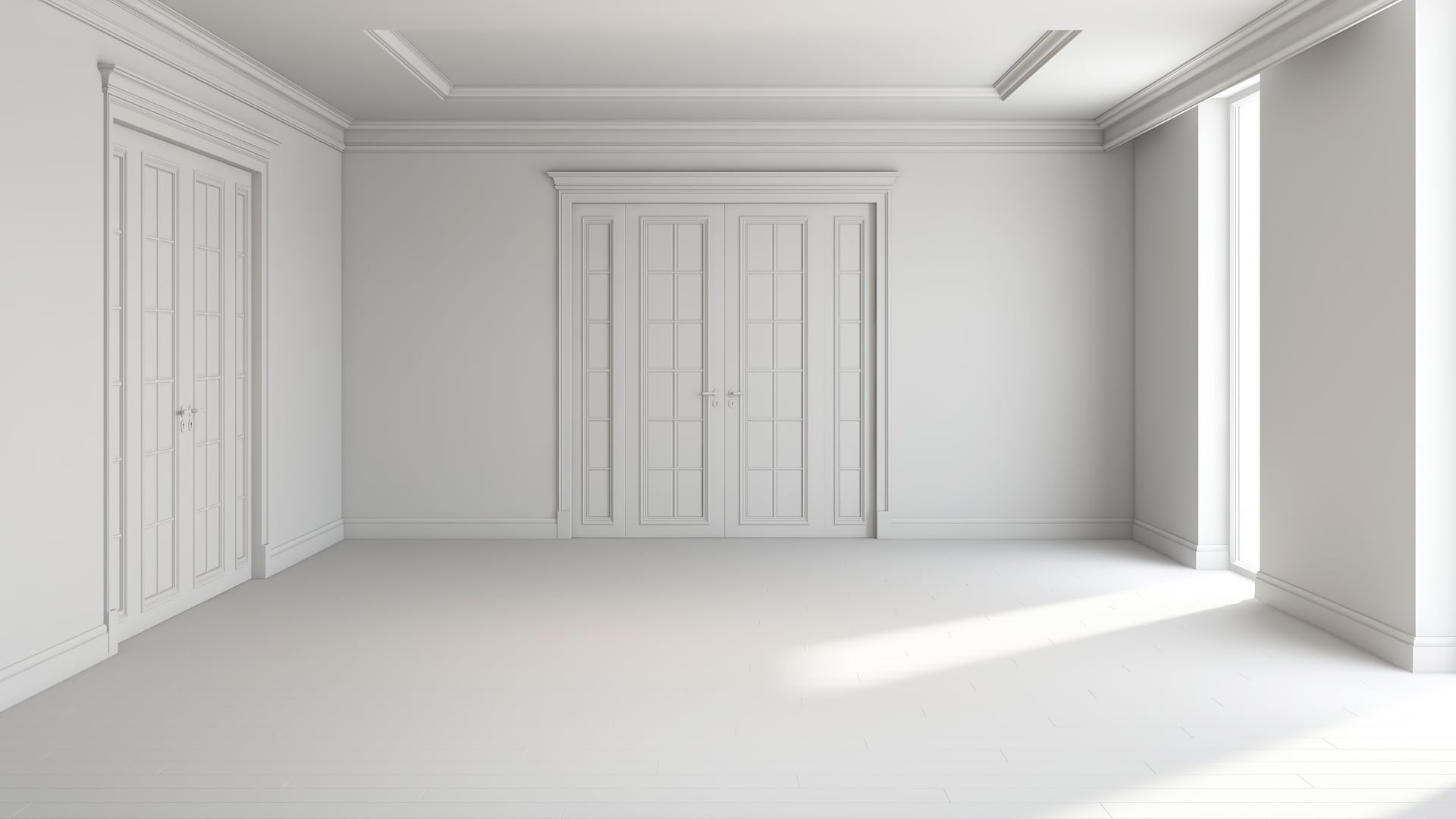 Rendering process — grayscale empty room clay render