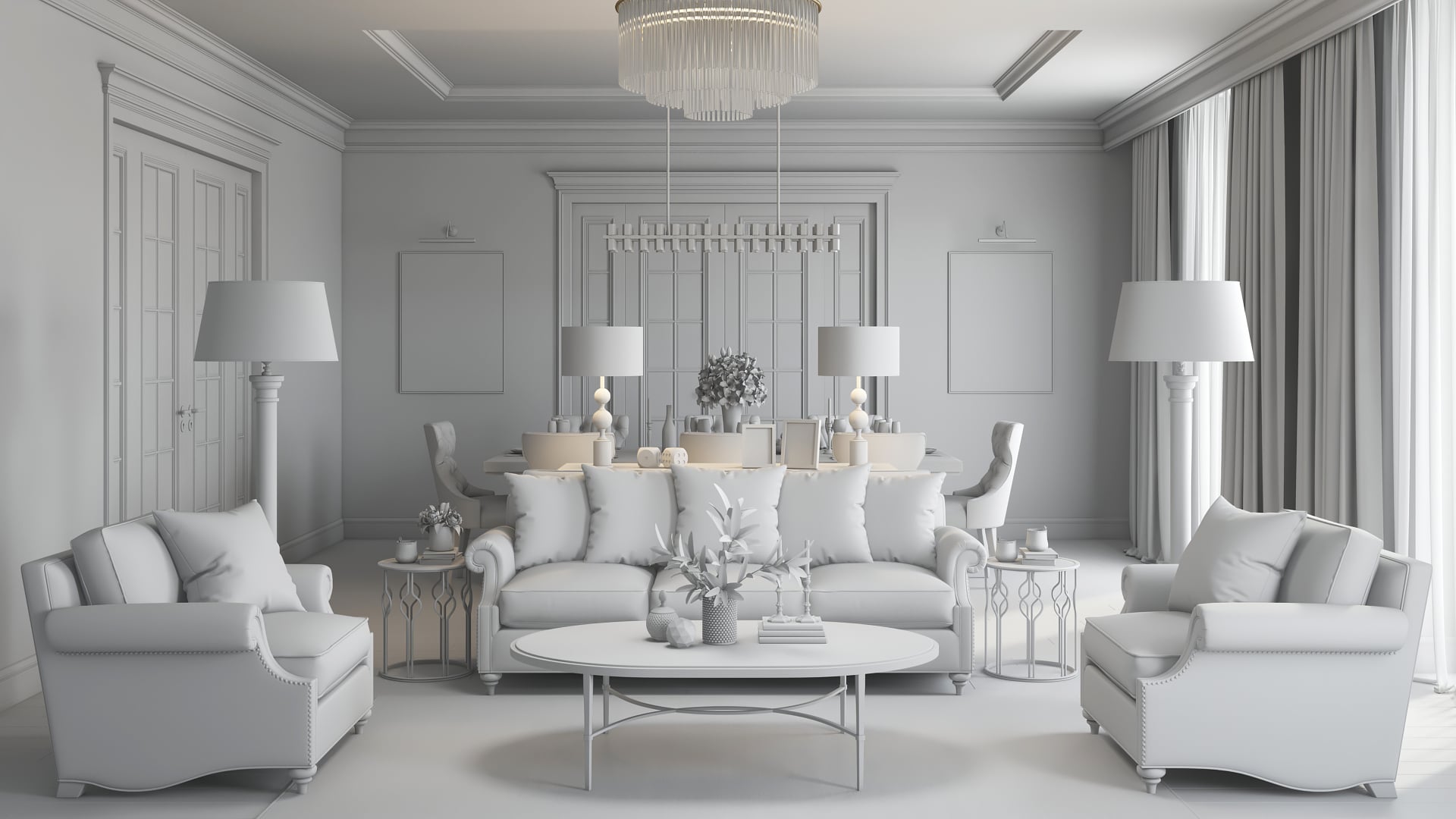 Rendering process — grayscale render with furnishings CGI