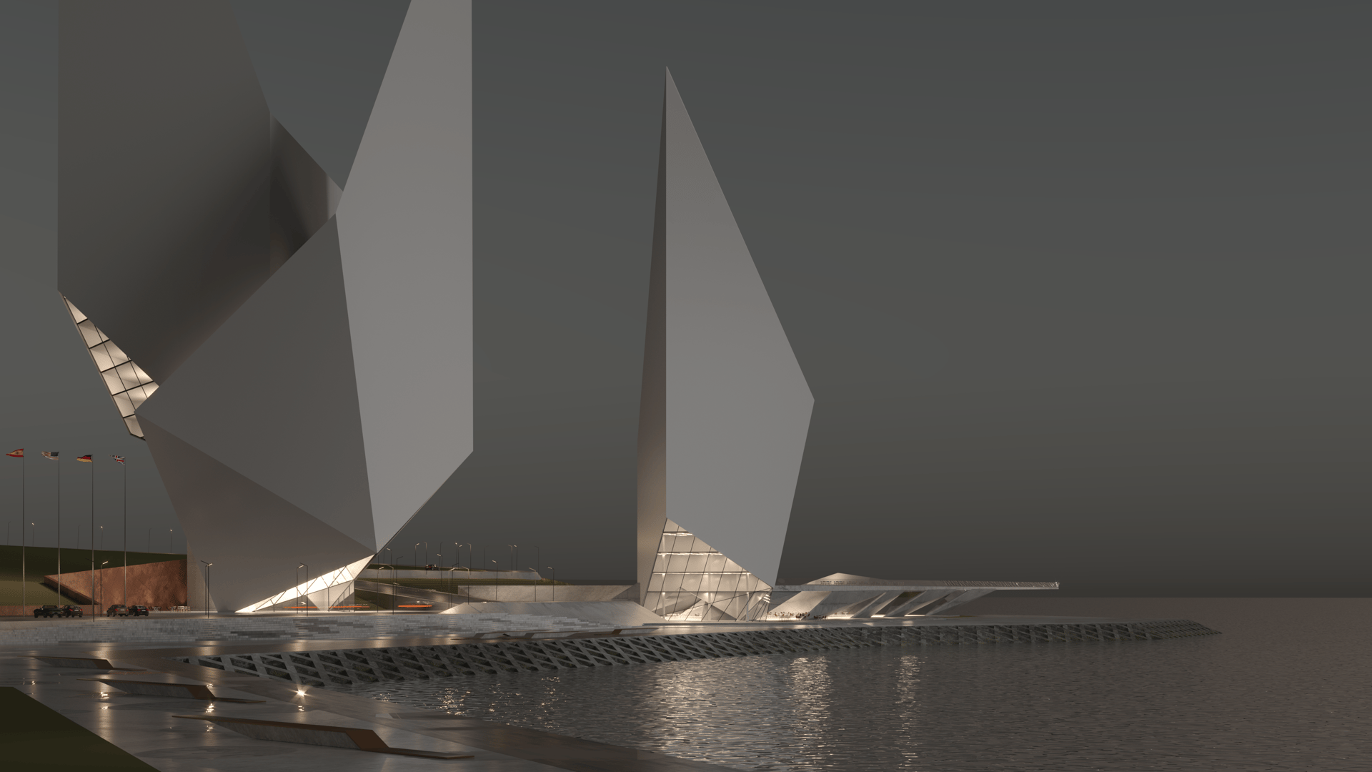 Hotel render — exterior scene with light set