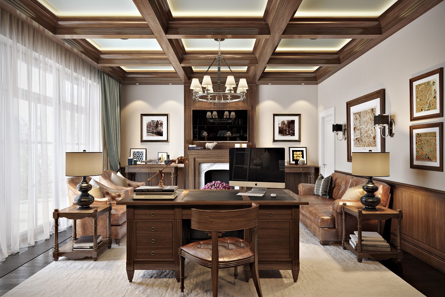 Office 3D rendering — English style villa home office CGI