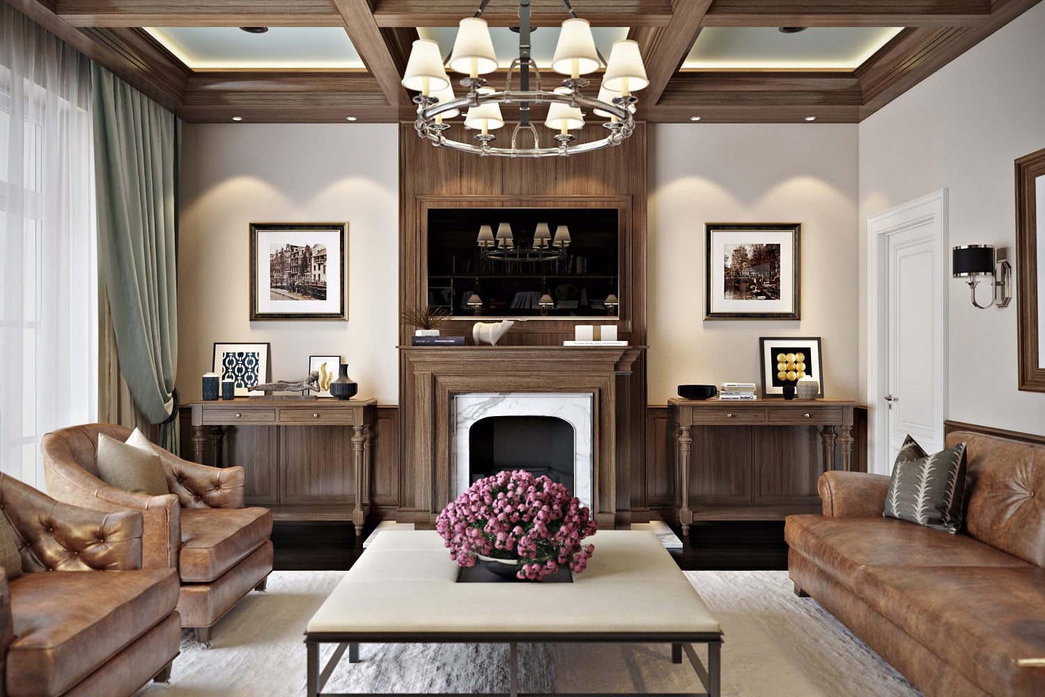 Office interior rendering — English style dark wood CGI