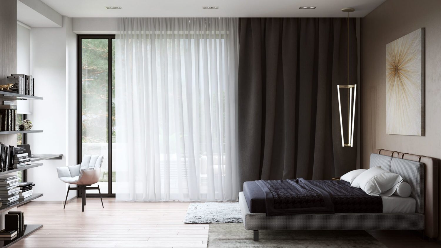 3D Visualization of Large Bedroom with a Workspace
