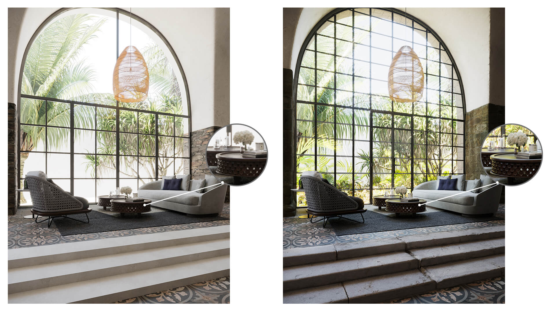Architectural 3D rendering detail — lounge space CGI