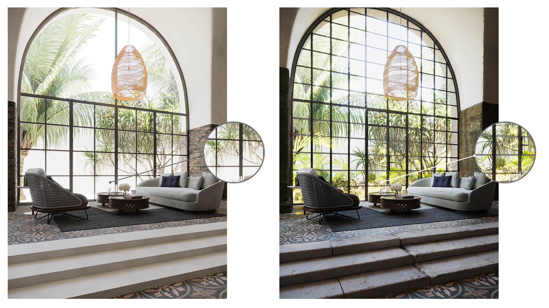 Architectural 3D rendering composition — villa palm trees CGI