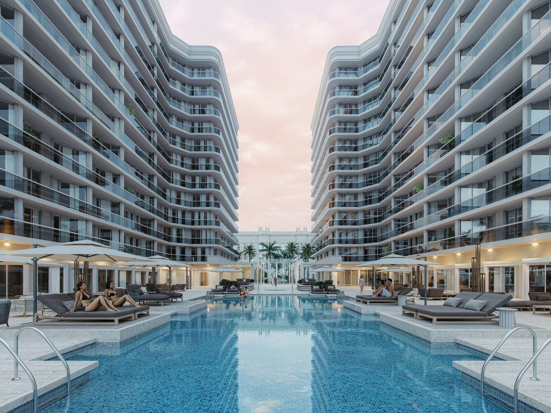 Hotel rendering of a luxury pool courtyard between modern buildings with loungers