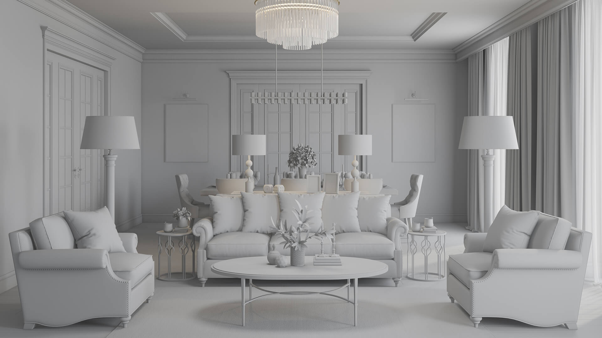 Interior 3D rendering service — grayscale clay render stage