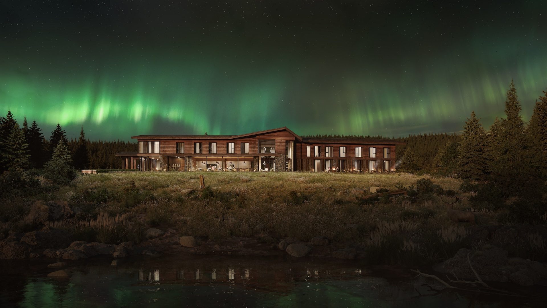 Atmospheric 3D Visualization of a Hotel at Night under the Northern Lights