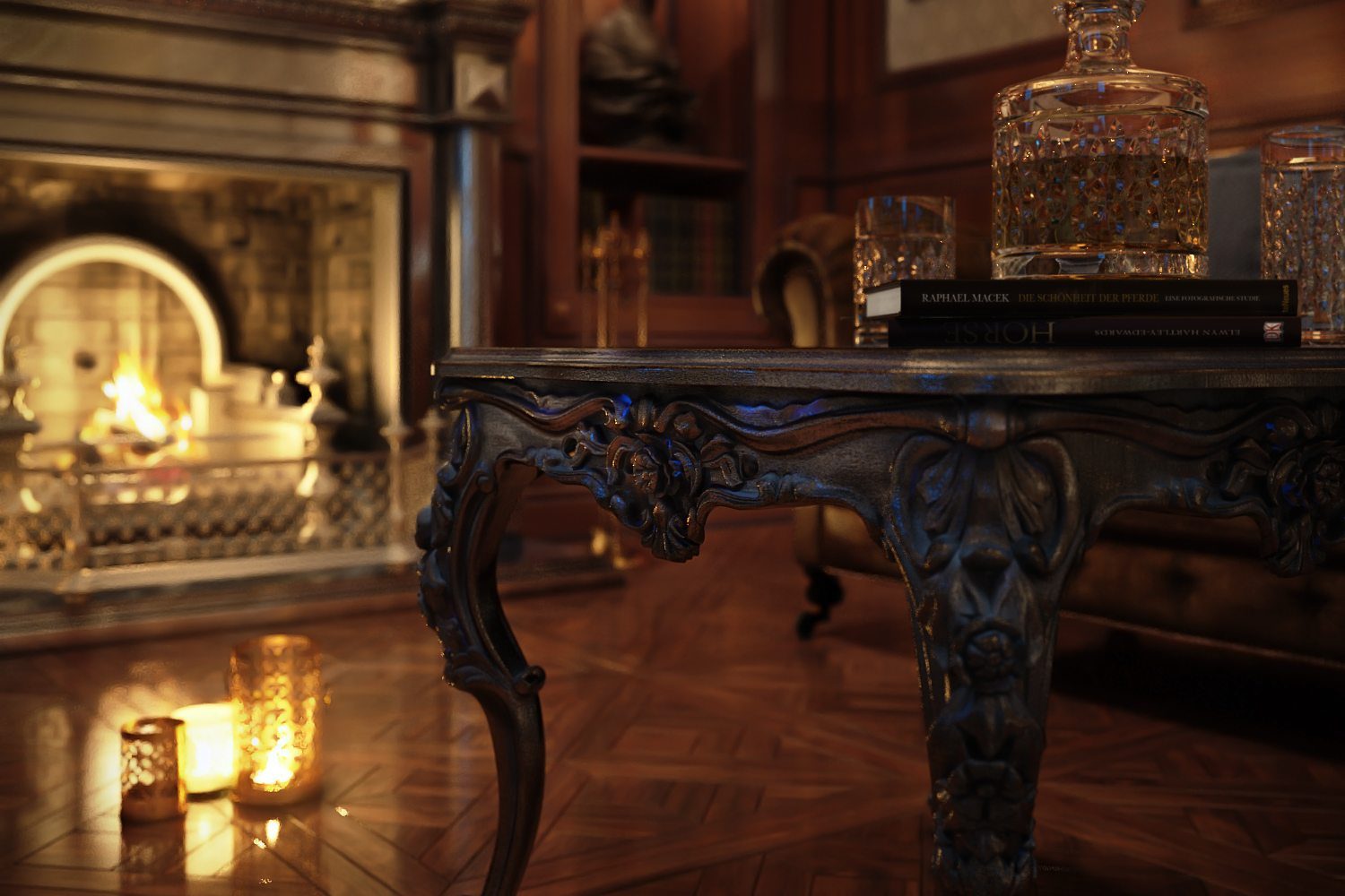 3D living room rendering — atmospheric close-up