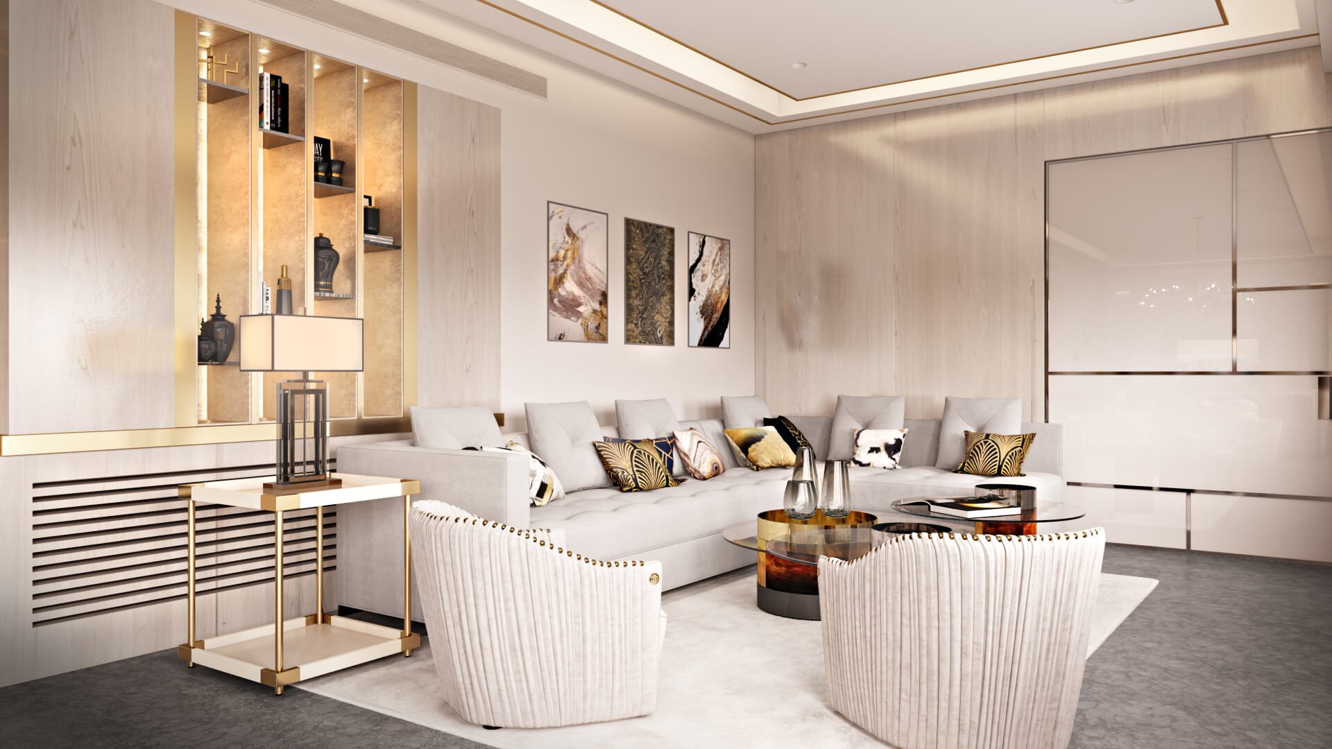 3D living room rendering — finishing materials detail