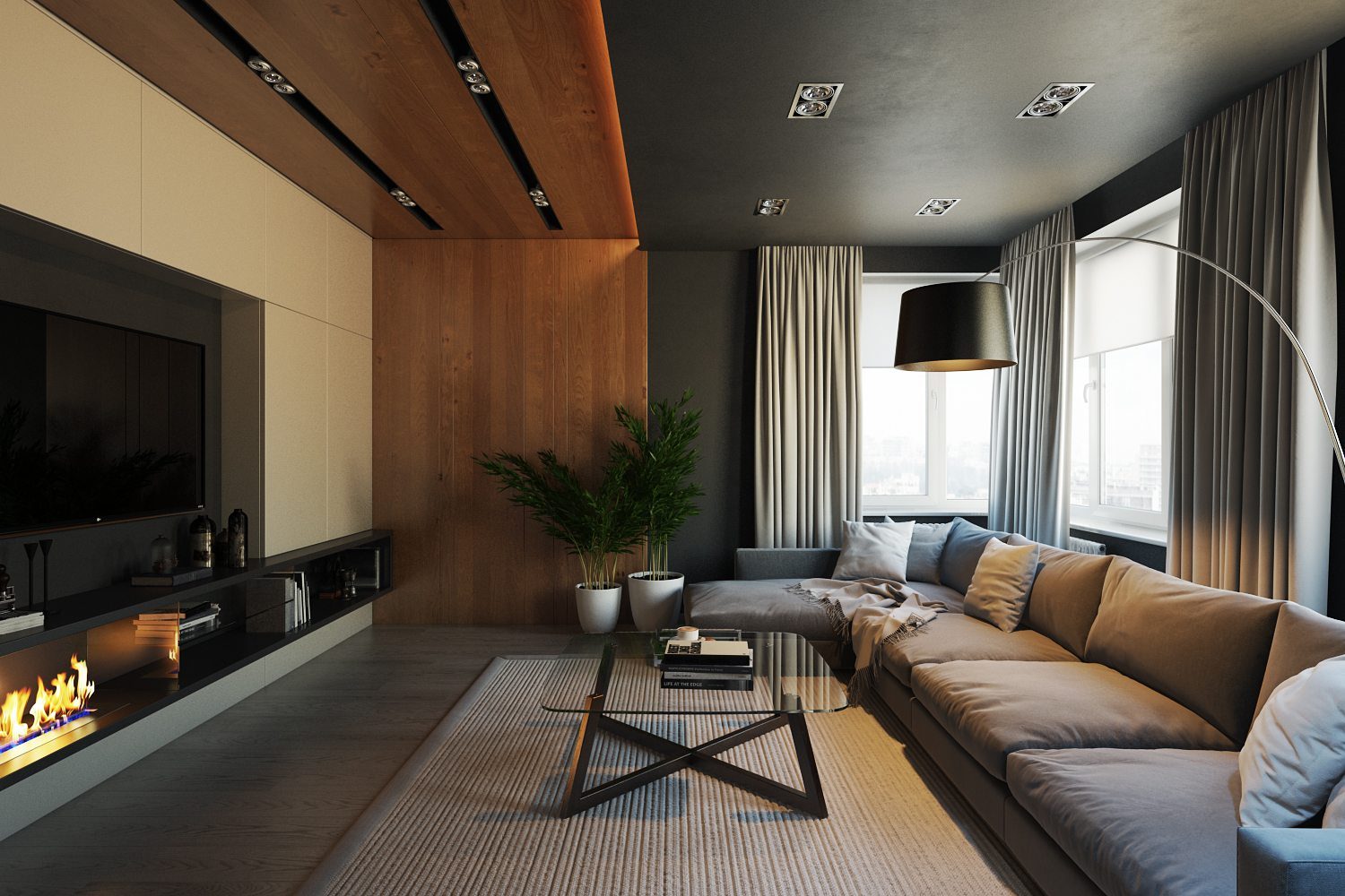 3D living room rendering — lighting scenarios