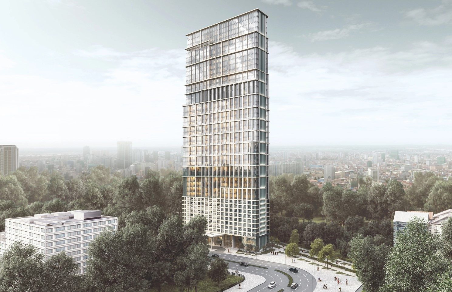Aerial 3D rendering — high-rise business center scale birds eye view