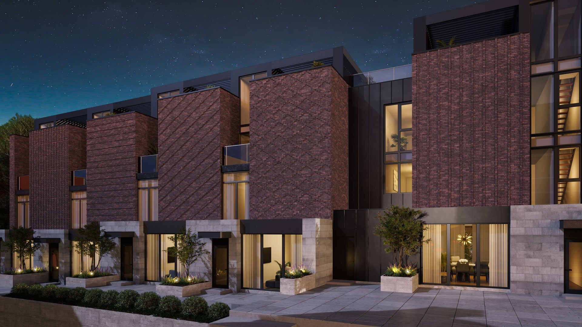 Evening 3D rendering of a contemporary townhouse in Canada