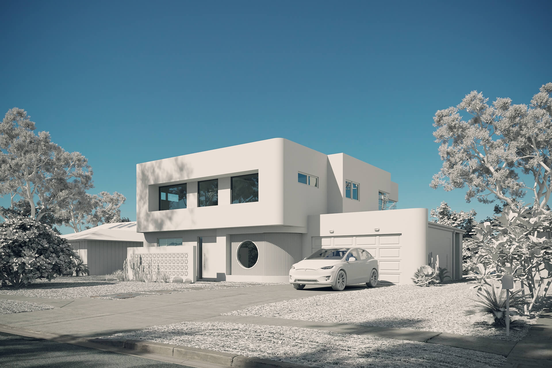 3D house exterior rendering — greyscale base render