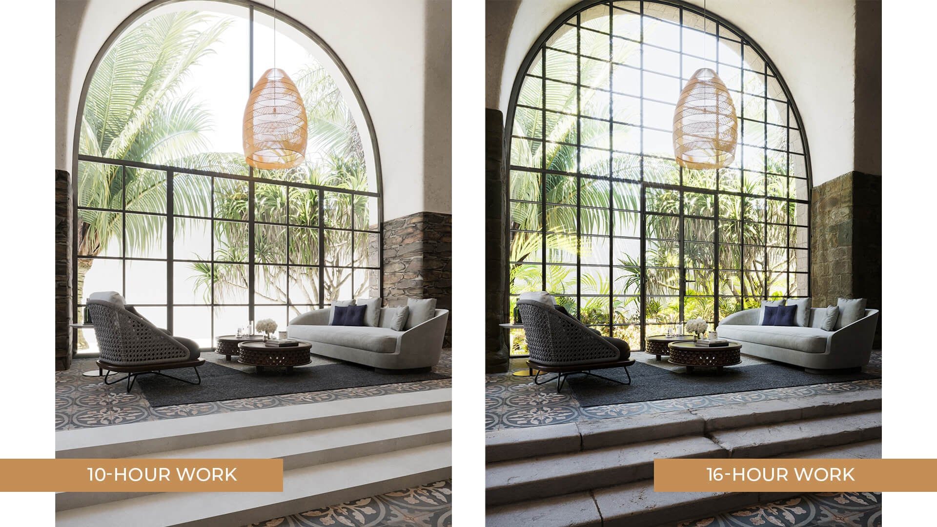 Architectural 3D rendering quality comparison — time impact CGI