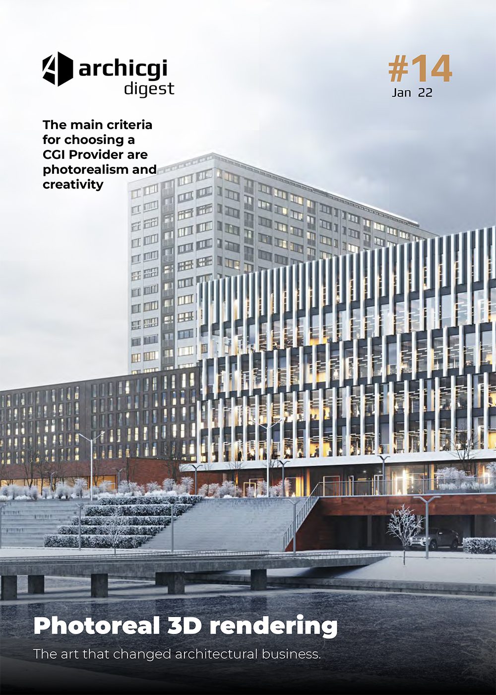 ArchiCGI Digest #14 cover with photoreal 3D building rendering