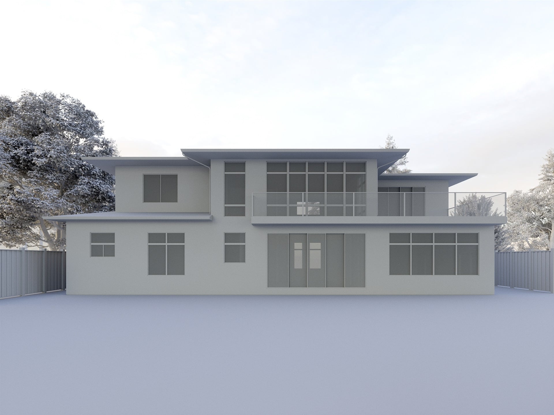 Professional exterior rendering — grayscale rear view CGI