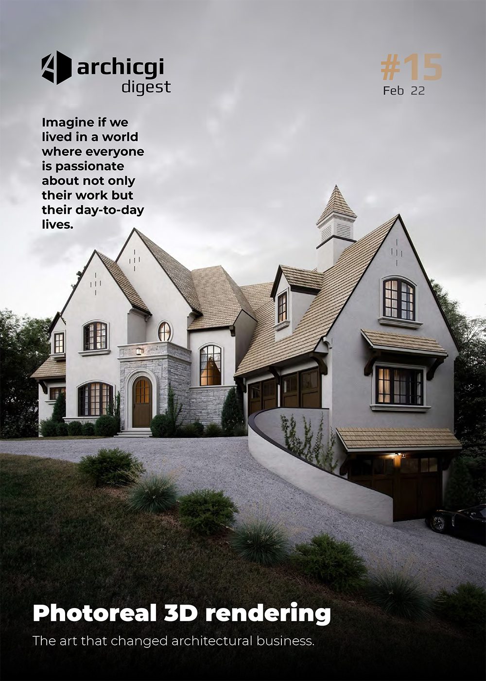 ArchiCGI Digest #15 cover with photoreal 3D house rendering
