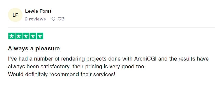 Trustpilot review praising ArchiCGI's rendering quality, timing, and pricing