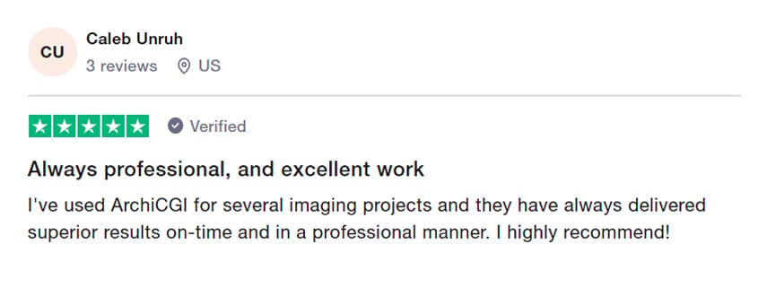 Trustpilot review praising ArchiCGI's professional project delivery