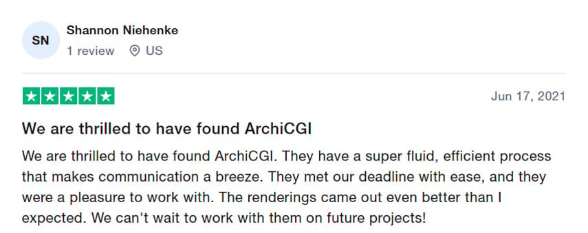 Trustpilot review praising ArchiCGI's communication and virtual tour service