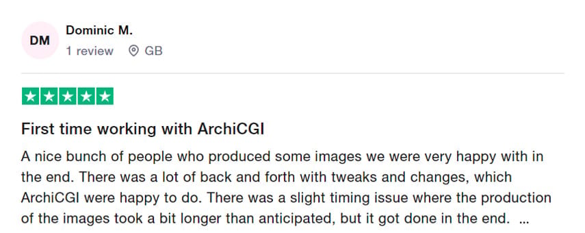 Trustpilot review praising ArchiCGI's 3D production process