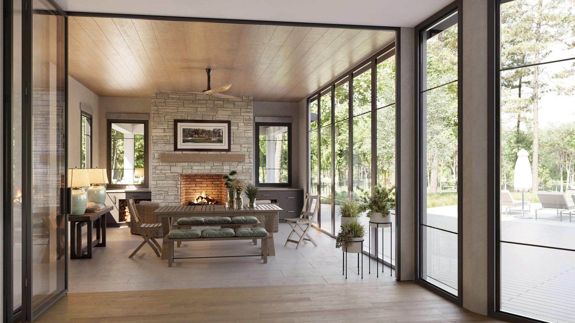 Weather room rendering with lounge seating, fireplace, and large glass doors