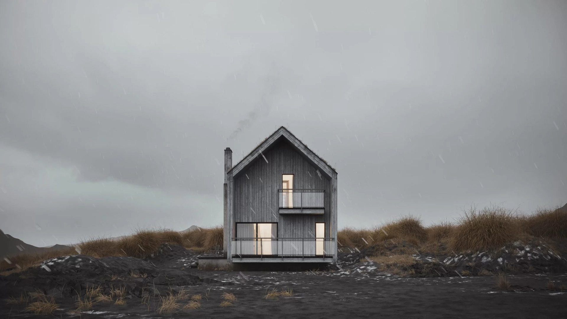 Exterior rendering — cottage with interior visible through windows CGI