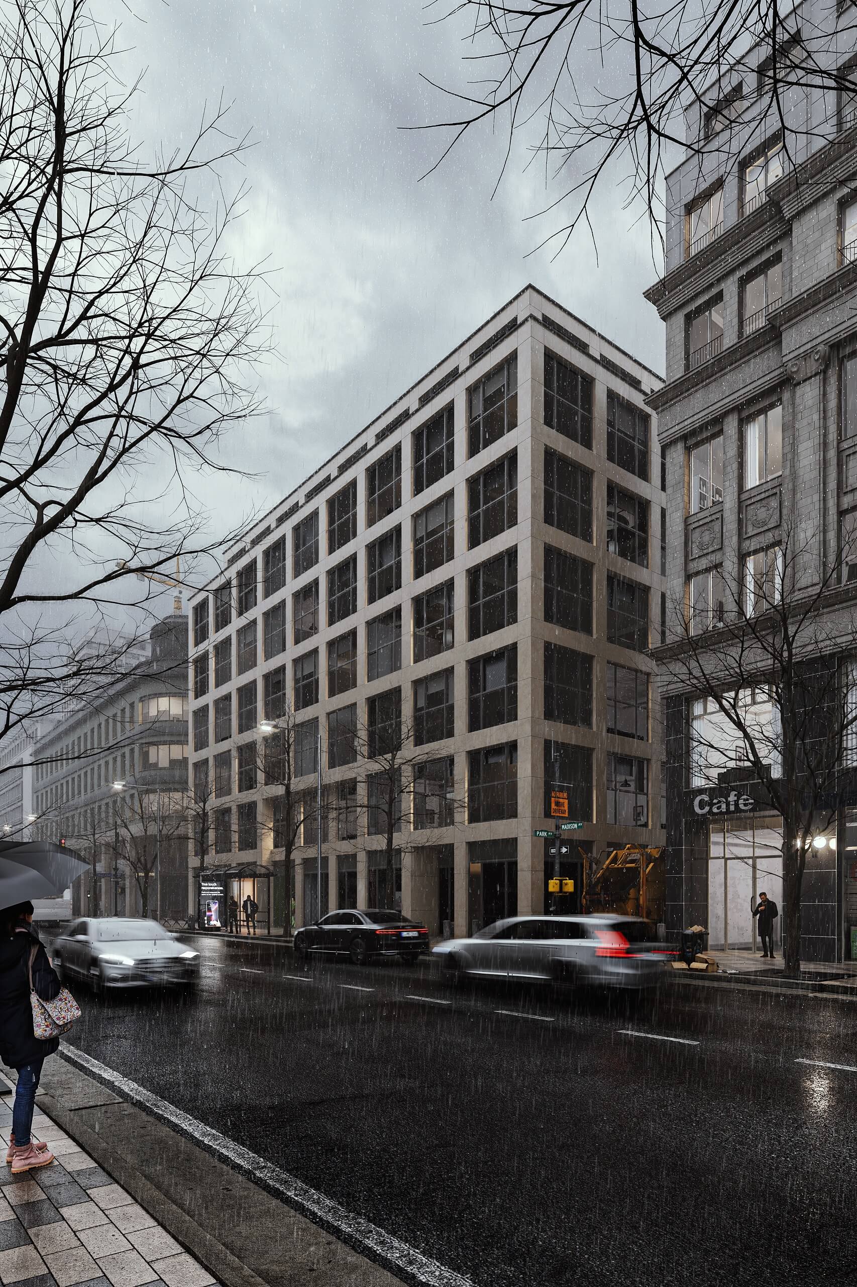 Exterior CGI city cloudy day
