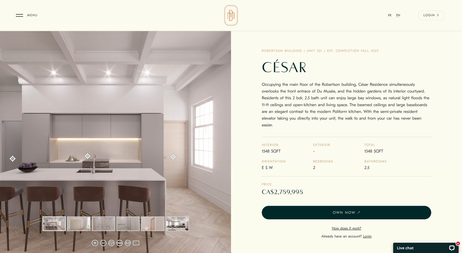 Real estate listing page showing a 3D virtual tour of a kitchen and dining room