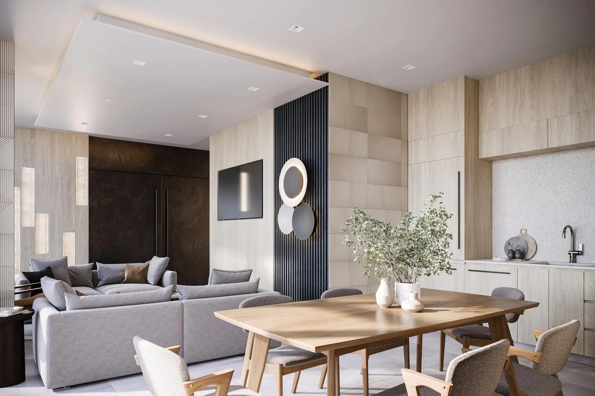 Architectural 3D rendering of a modern open-plan living and dining area with wood finishes, Canada project