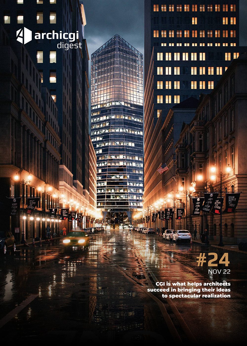 ArchiCGI Digest #24 cover with nighttime city 3D rendering