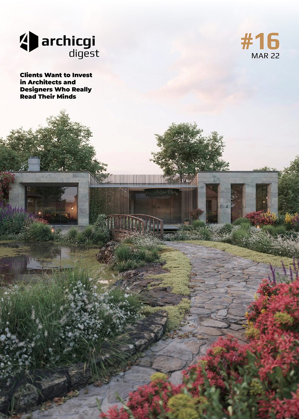 ArchiCGI Digest #16 cover with photoreal 3D exterior rendering and garden