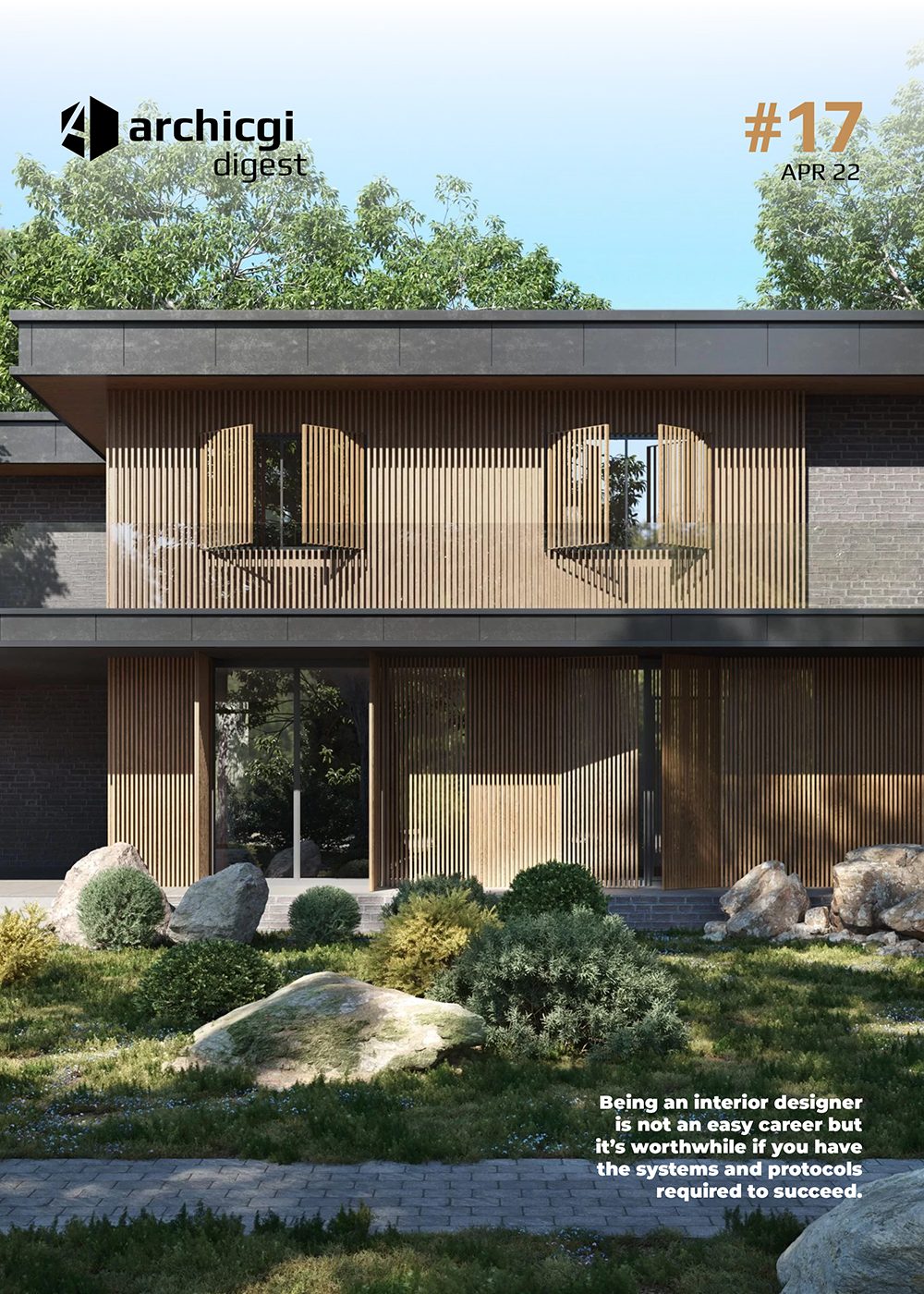ArchiCGI Digest #17 cover with photoreal 3D residential exterior rendering