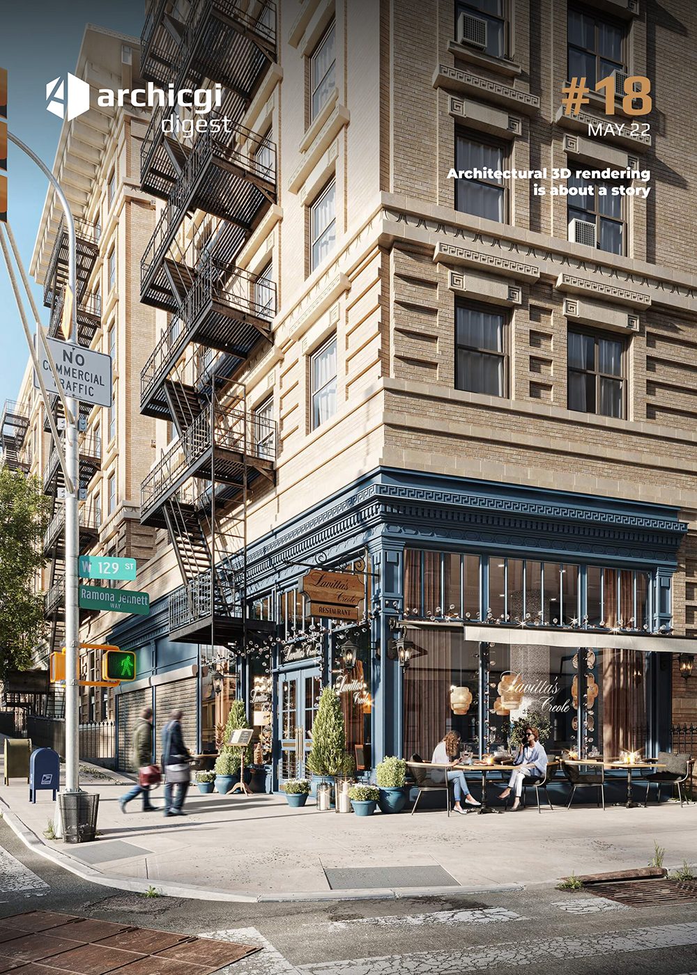 ArchiCGI Digest #18 cover with photoreal 3D urban building rendering