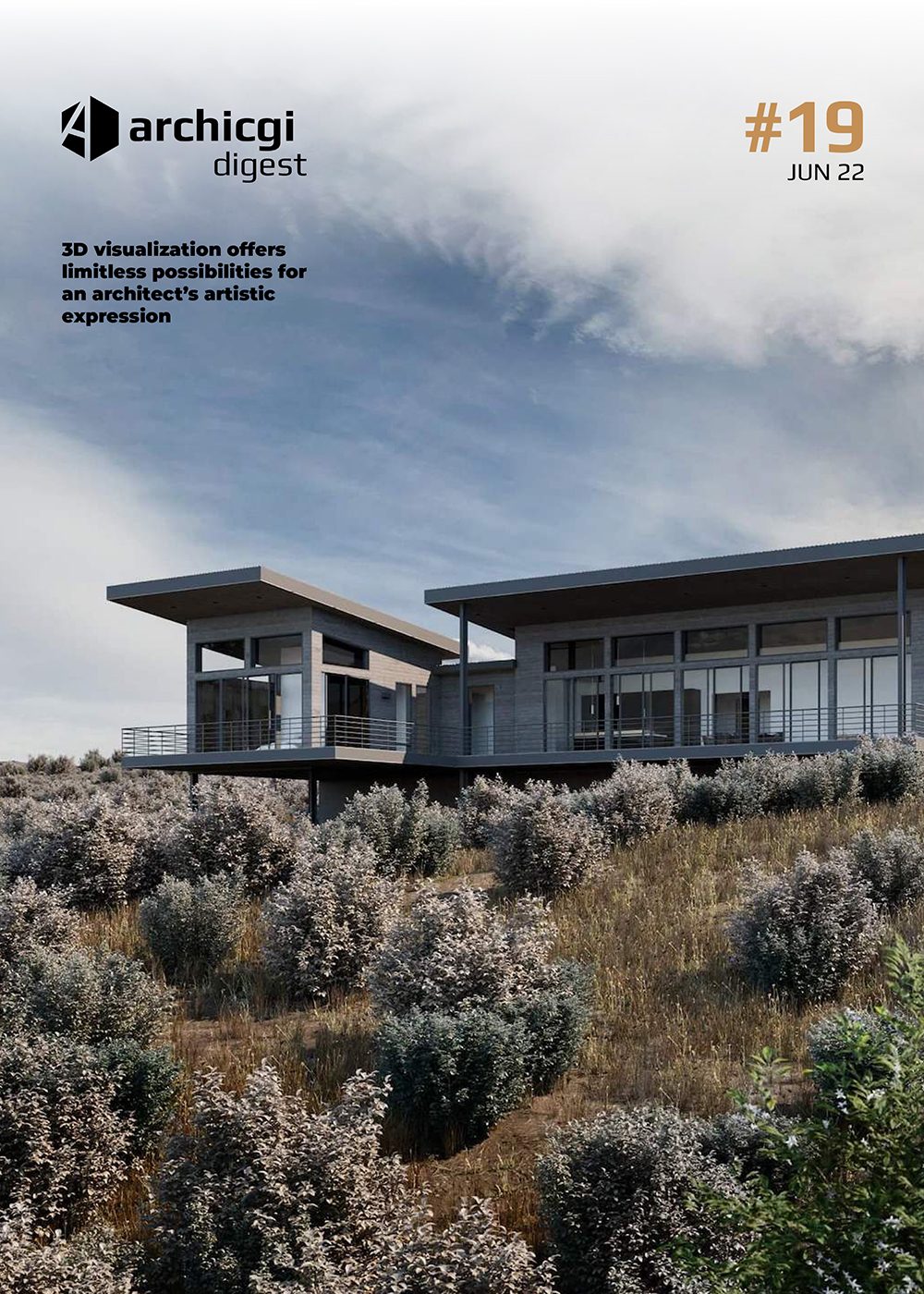 ArchiCGI Digest #19 cover with photoreal 3D modern house rendering