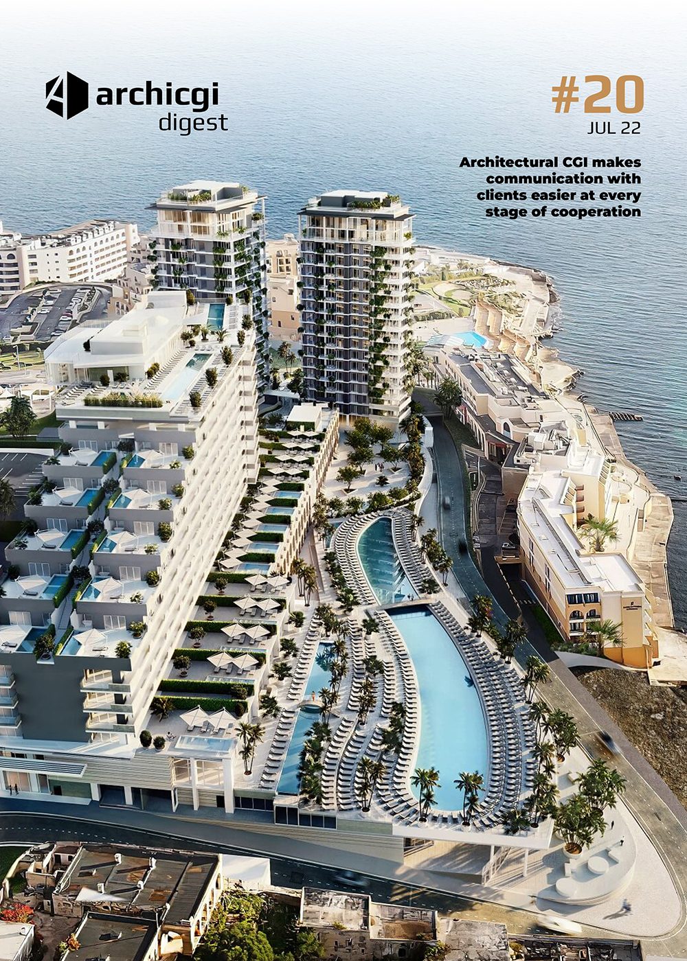 ArchiCGI Digest #20 cover with 3D waterfront resort development rendering