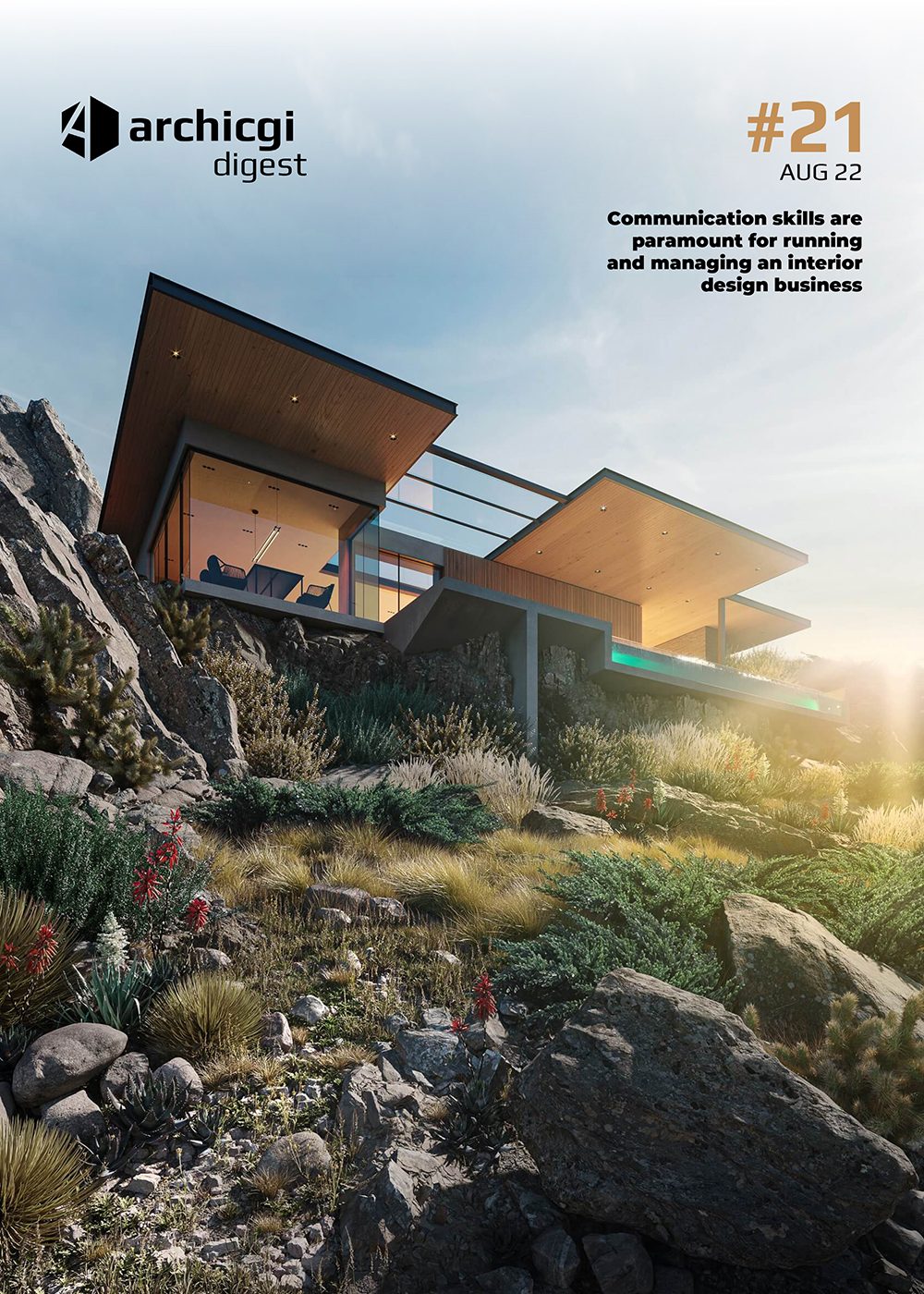 ArchiCGI Digest #21 cover with 3D rendering of a modern hillside home