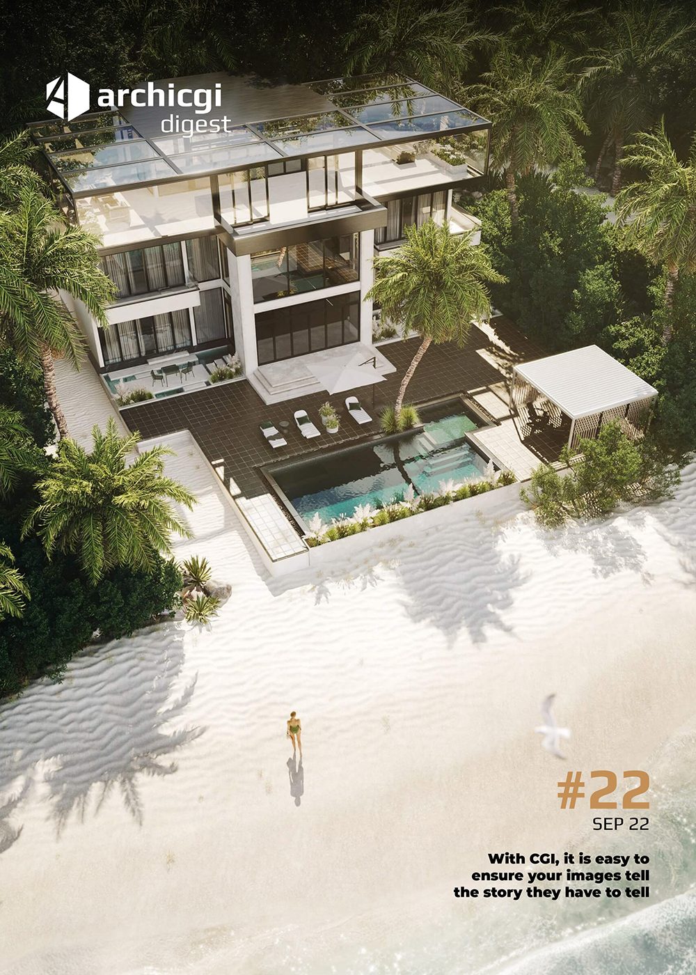 ArchiCGI Digest #22 cover with aerial 3D rendering of a modern beachside villa