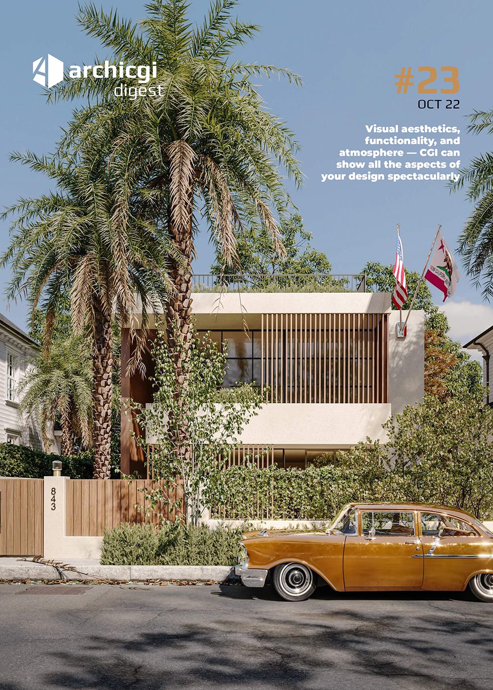 ArchiCGI Digest #23 cover with 3D rendering of a modern home with palm trees