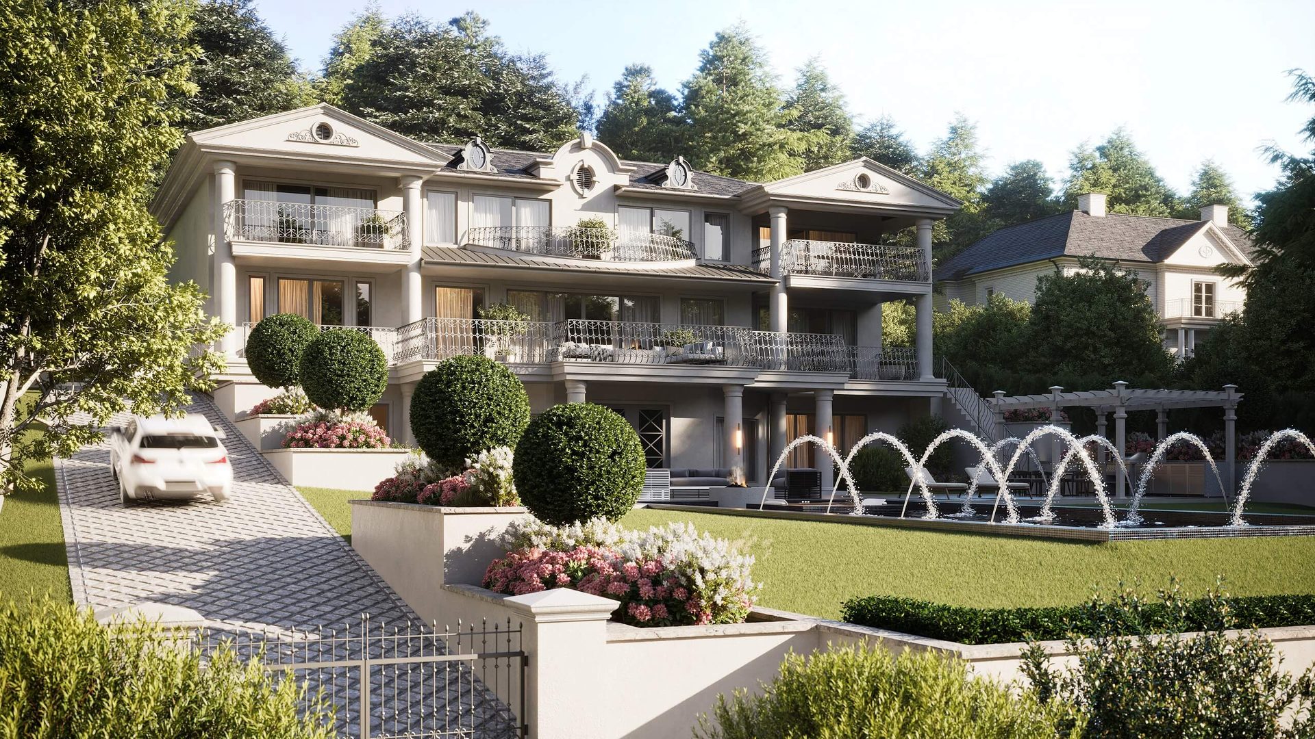 3D exterior rendering of a large house with landscaped grounds in Canada