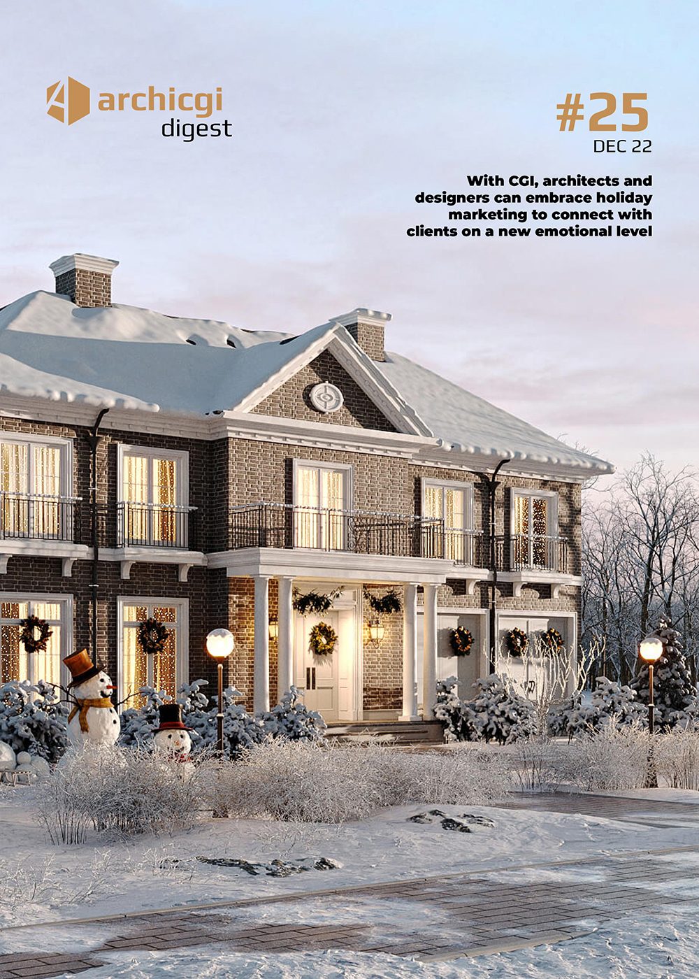 ArchiCGI Digest #25 cover with winter 3D rendering of a classical house exterior