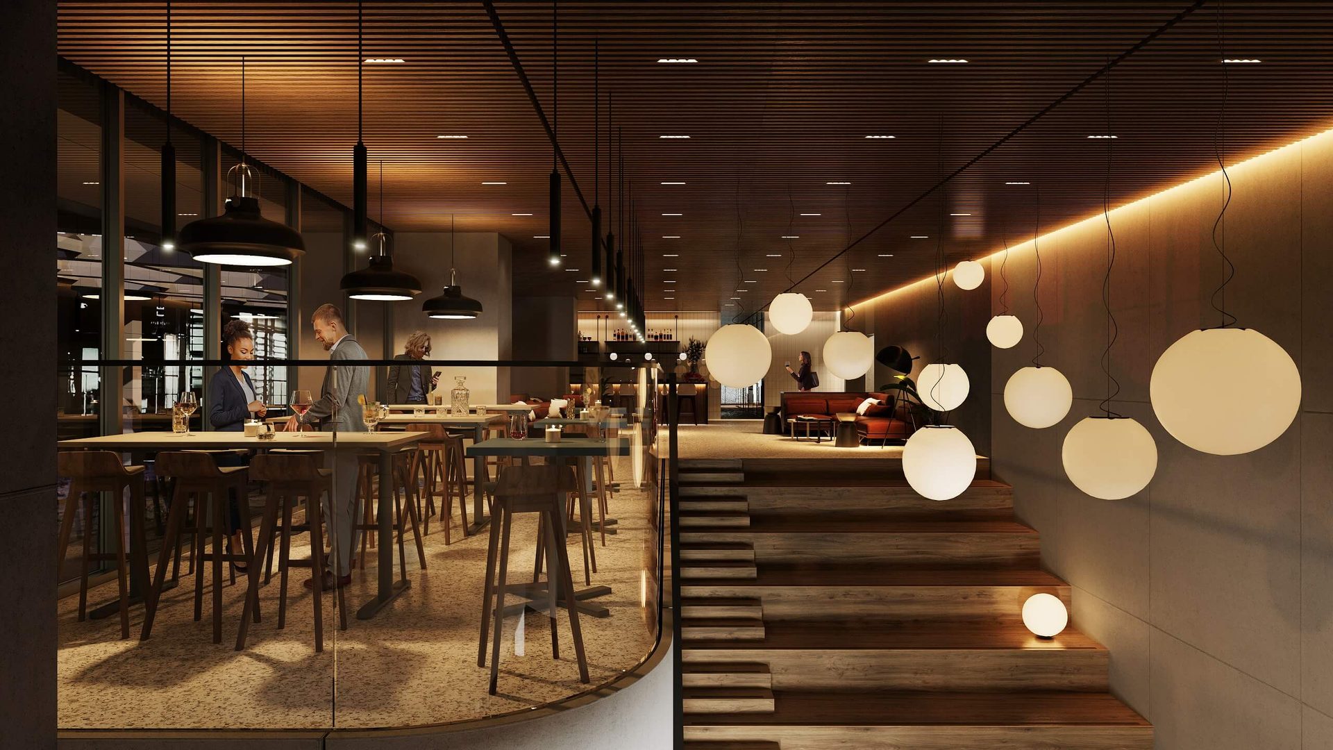 3D rendering of a warm modern bar interior with pendant lights