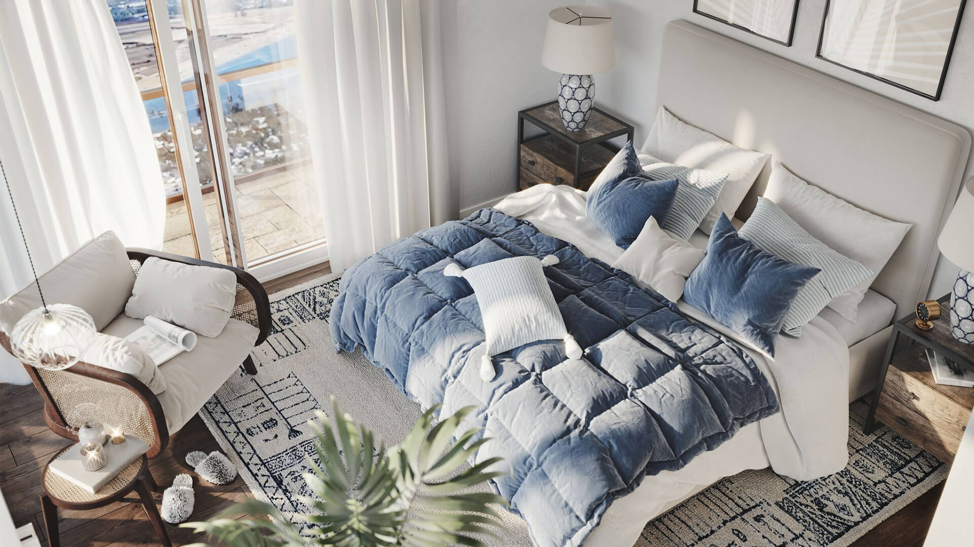 Top-view 3D rendering of a bedroom with blue bedding