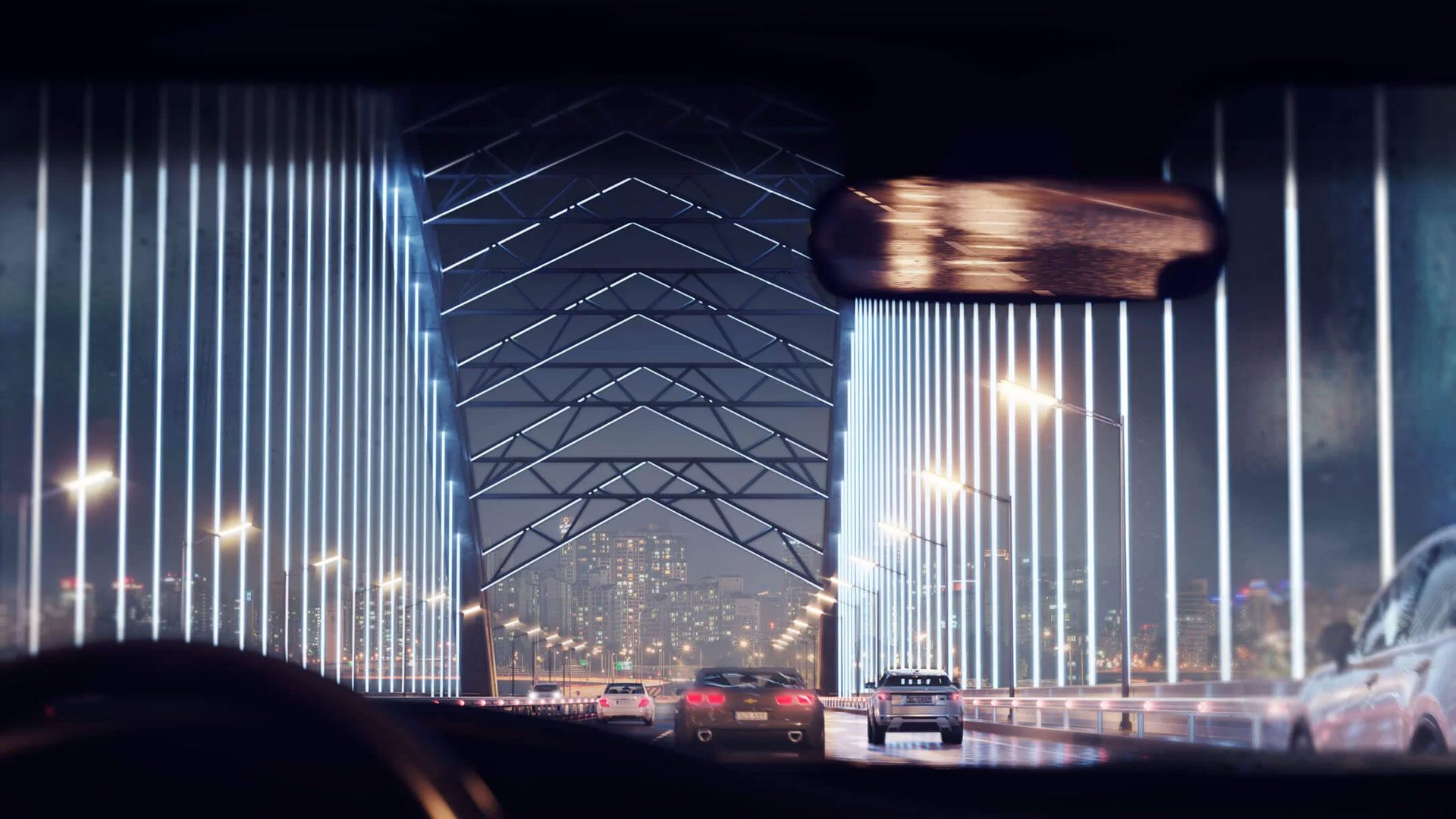 Nighttime 3D rendering of an illuminated bridge