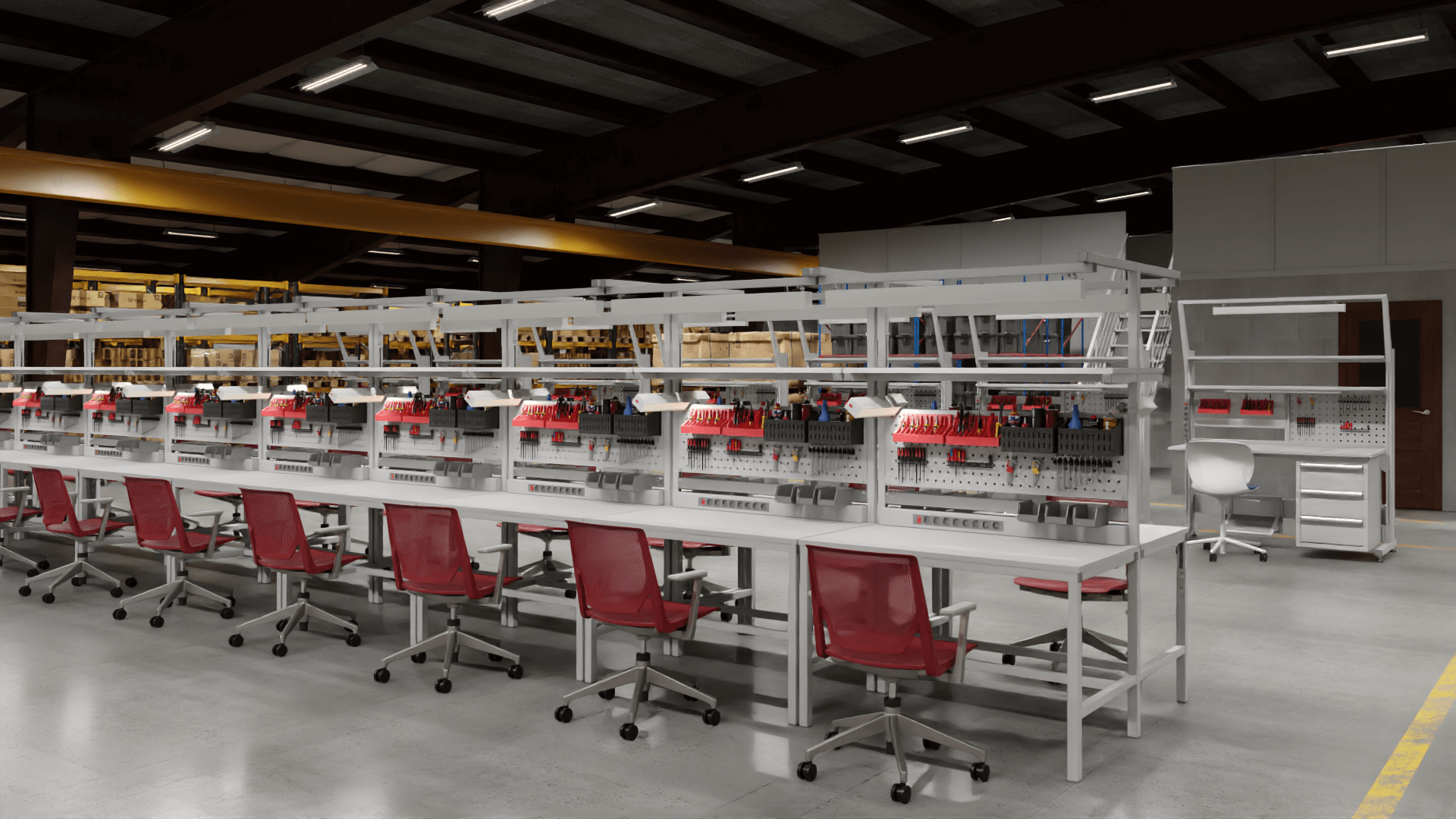 3D rendering of a factory workspace with rows of desks and red chairs