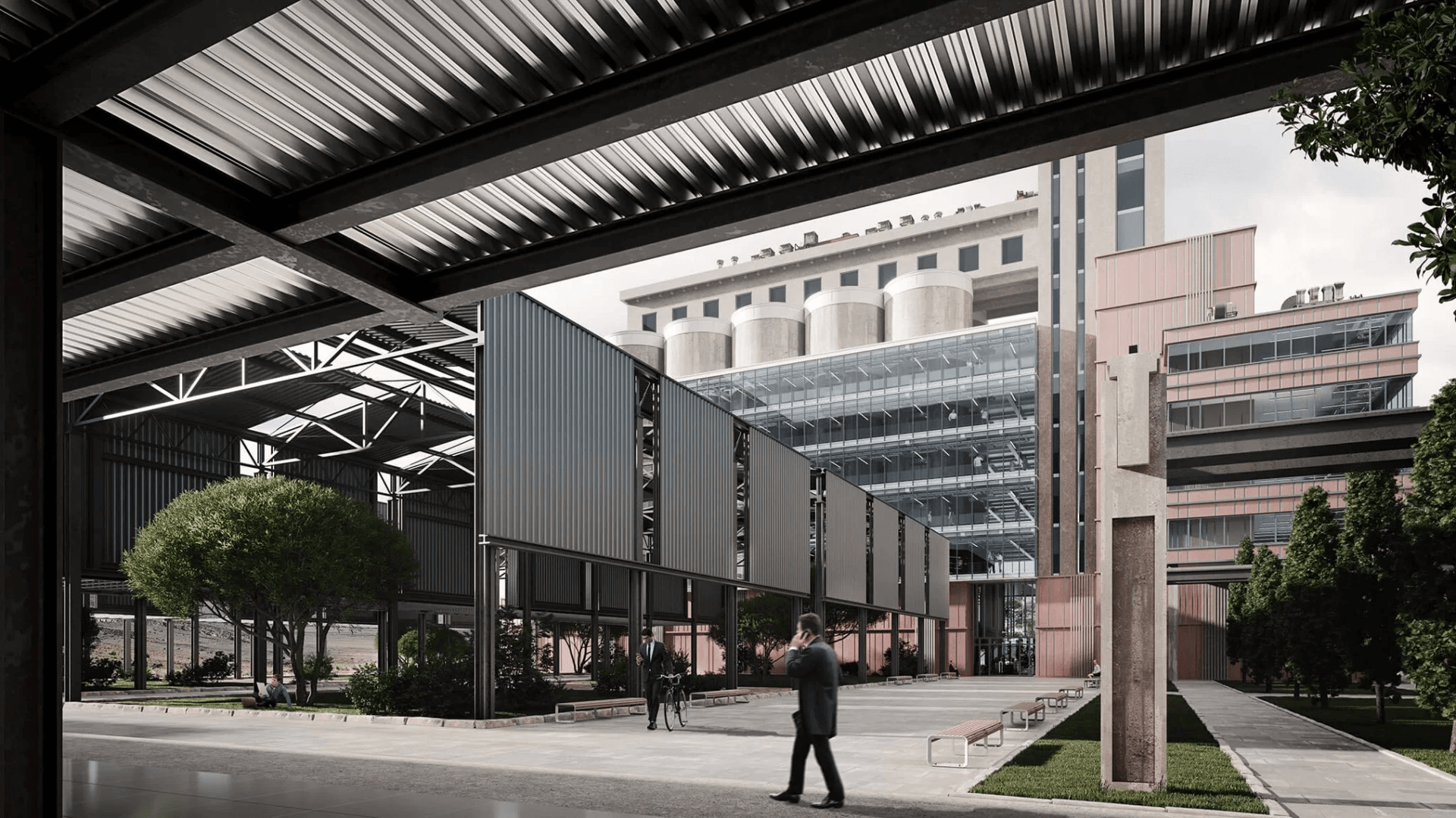 3D rendering of a modern factory exterior with a covered entrance