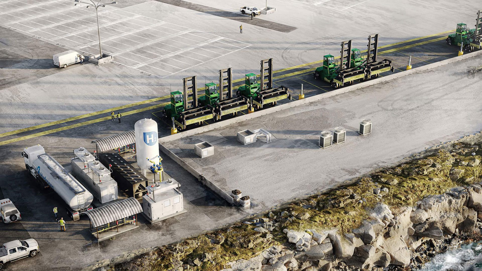 Aerial 3D rendering of a fueling station layout in California